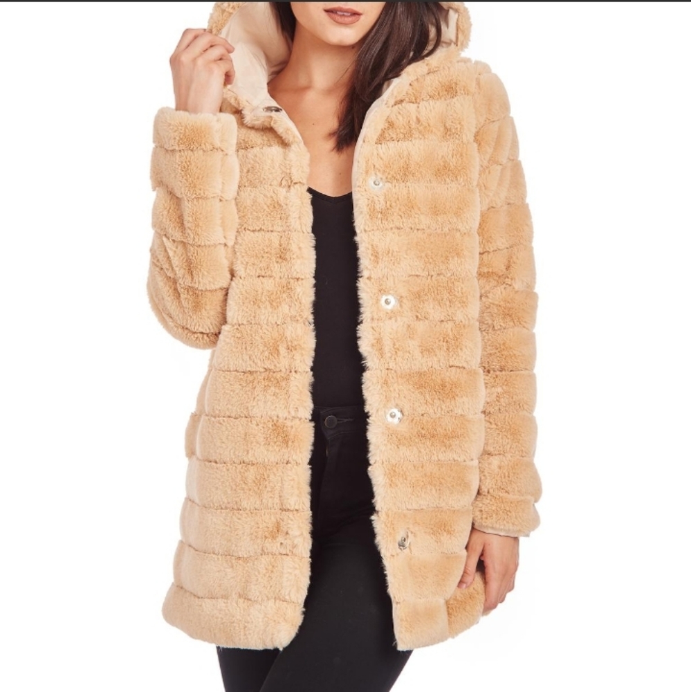 Kendall + Kyle Women's Striped Faux Fur Mid-Length Teddy Coat